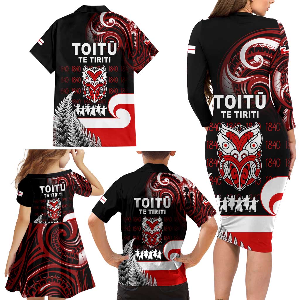 Aotearoa Toitu He Whakaputanga Family Matching Long Sleeve Bodycon Dress and Hawaiian Shirt Toitu Te Tiriti O Waitangi