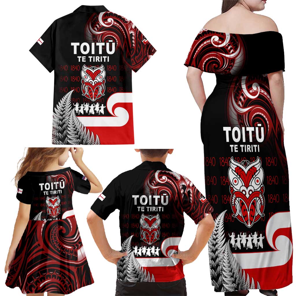 Aotearoa Toitu He Whakaputanga Family Matching Off Shoulder Maxi Dress and Hawaiian Shirt Toitu Te Tiriti O Waitangi