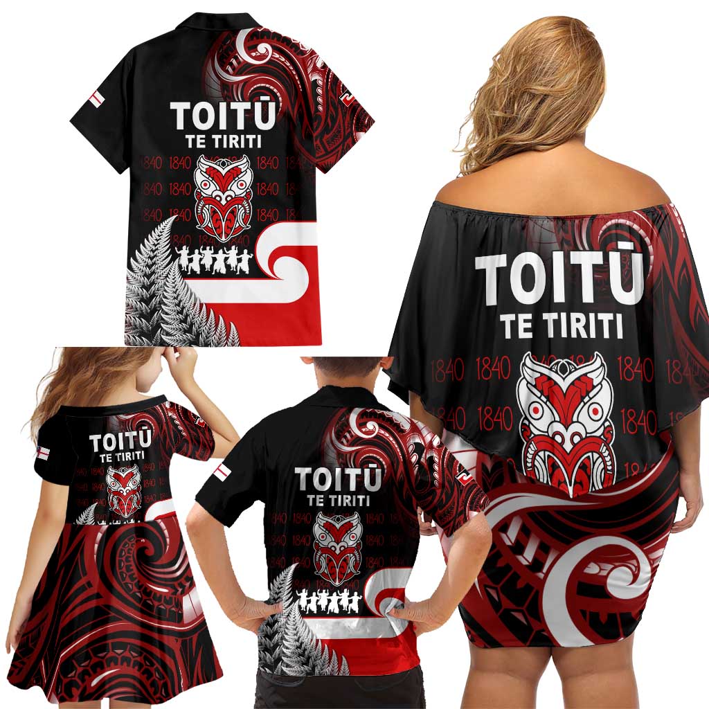 Aotearoa Toitu He Whakaputanga Family Matching Off Shoulder Short Dress and Hawaiian Shirt Toitu Te Tiriti O Waitangi