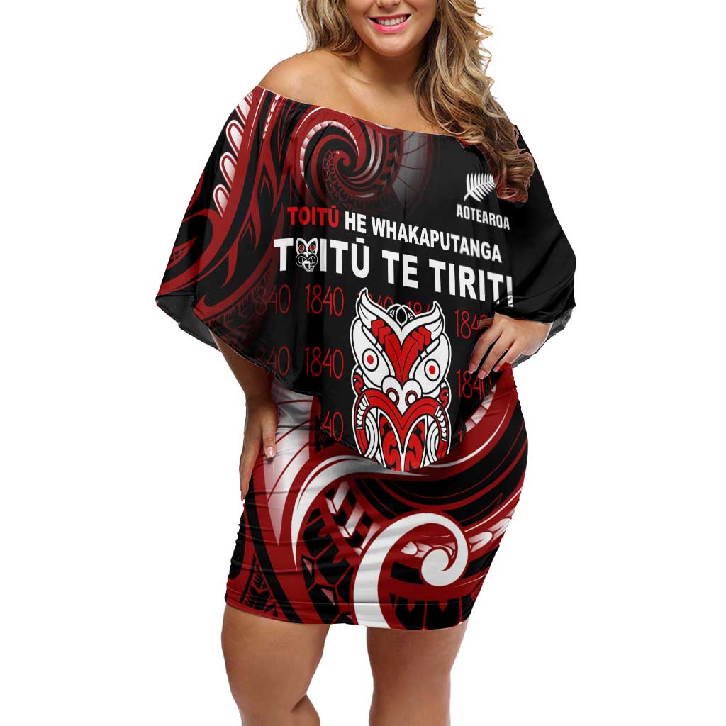 Aotearoa Toitu He Whakaputanga Family Matching Off Shoulder Short Dress and Hawaiian Shirt Toitu Te Tiriti O Waitangi