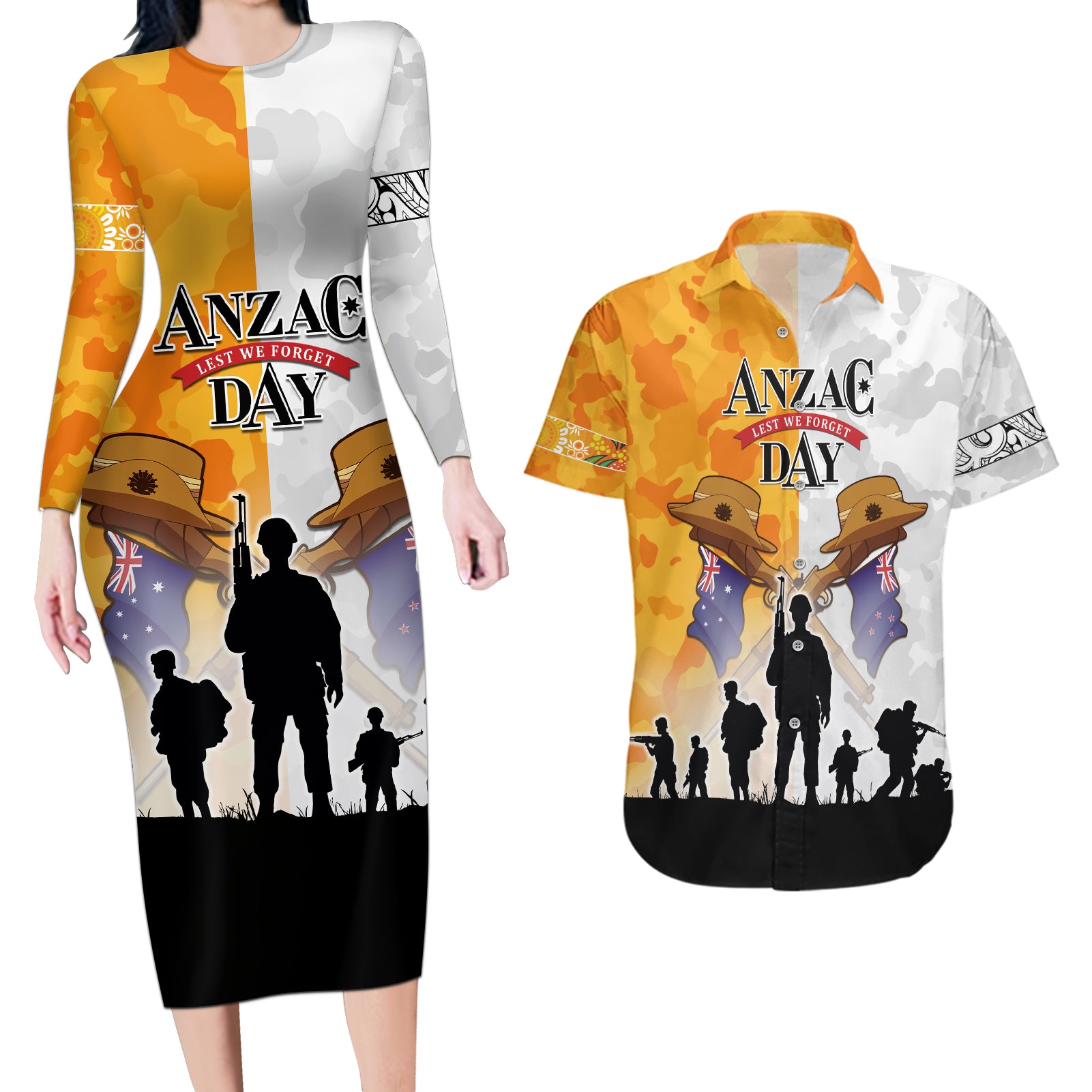Australia And New Zealand ANZAC Day Couples Matching Long Sleeve Bodycon Dress and Hawaiian Shirt Lest We Forget