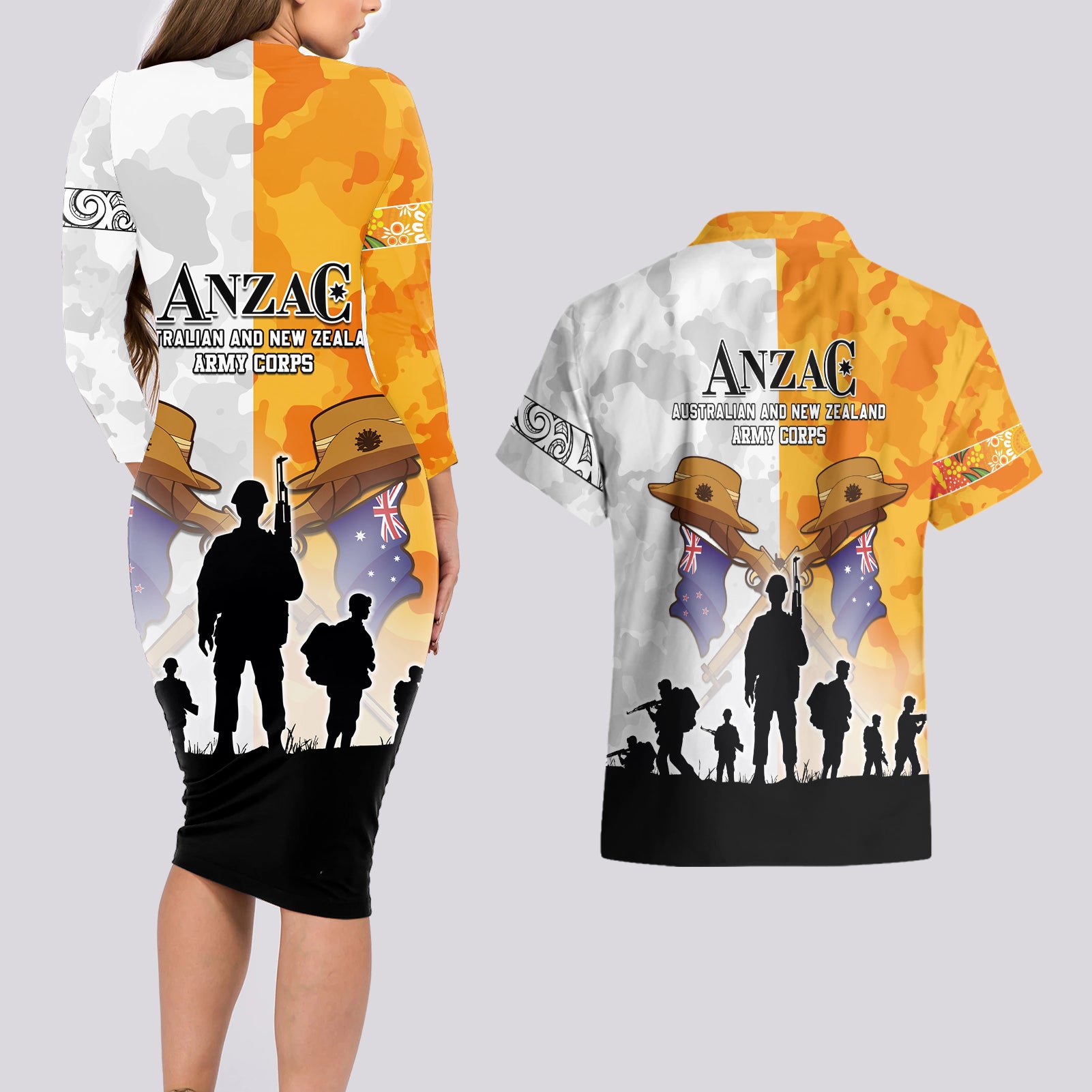 Australia And New Zealand ANZAC Day Couples Matching Long Sleeve Bodycon Dress and Hawaiian Shirt Lest We Forget