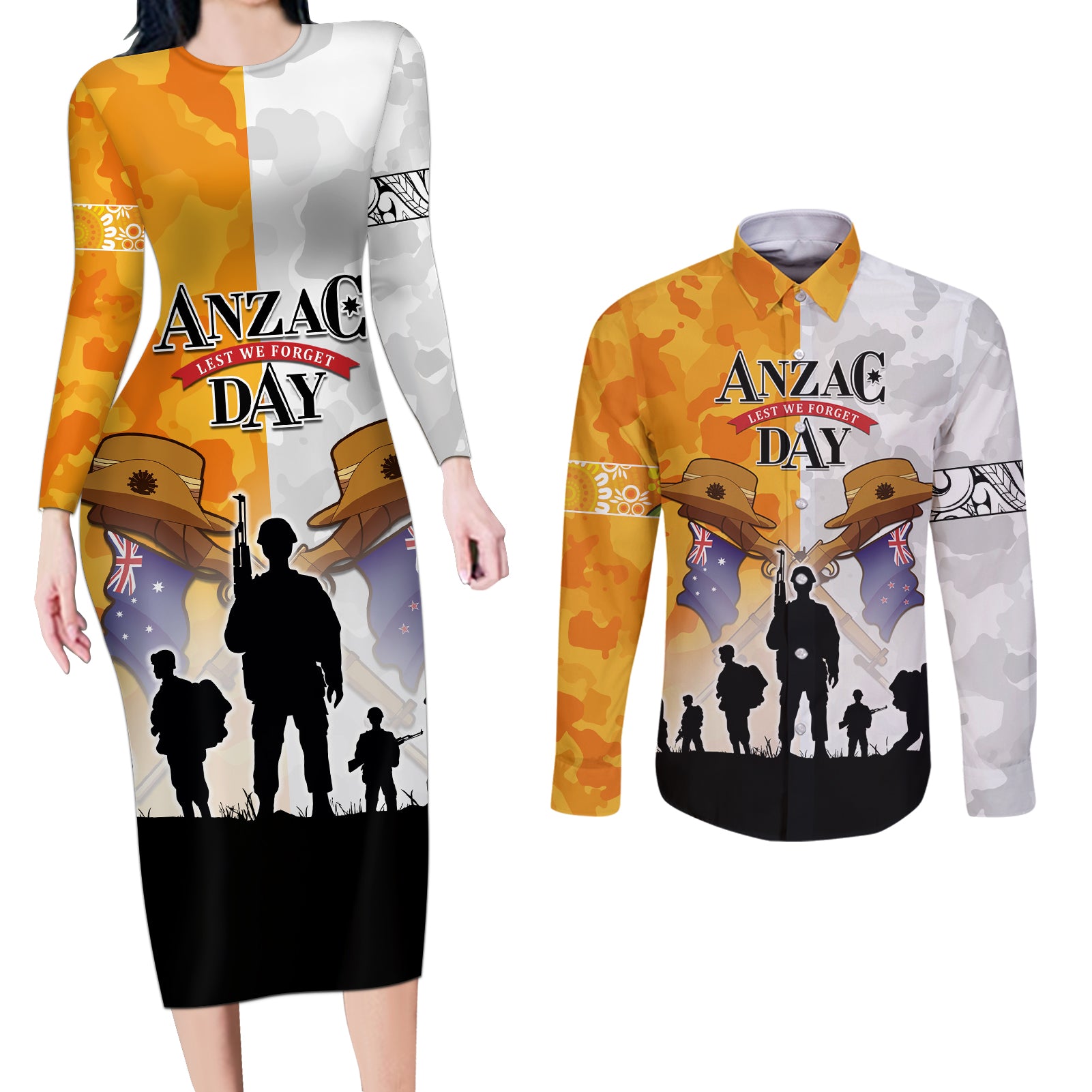 Australia And New Zealand ANZAC Day Couples Matching Long Sleeve Bodycon Dress and Long Sleeve Button Shirt Lest We Forget