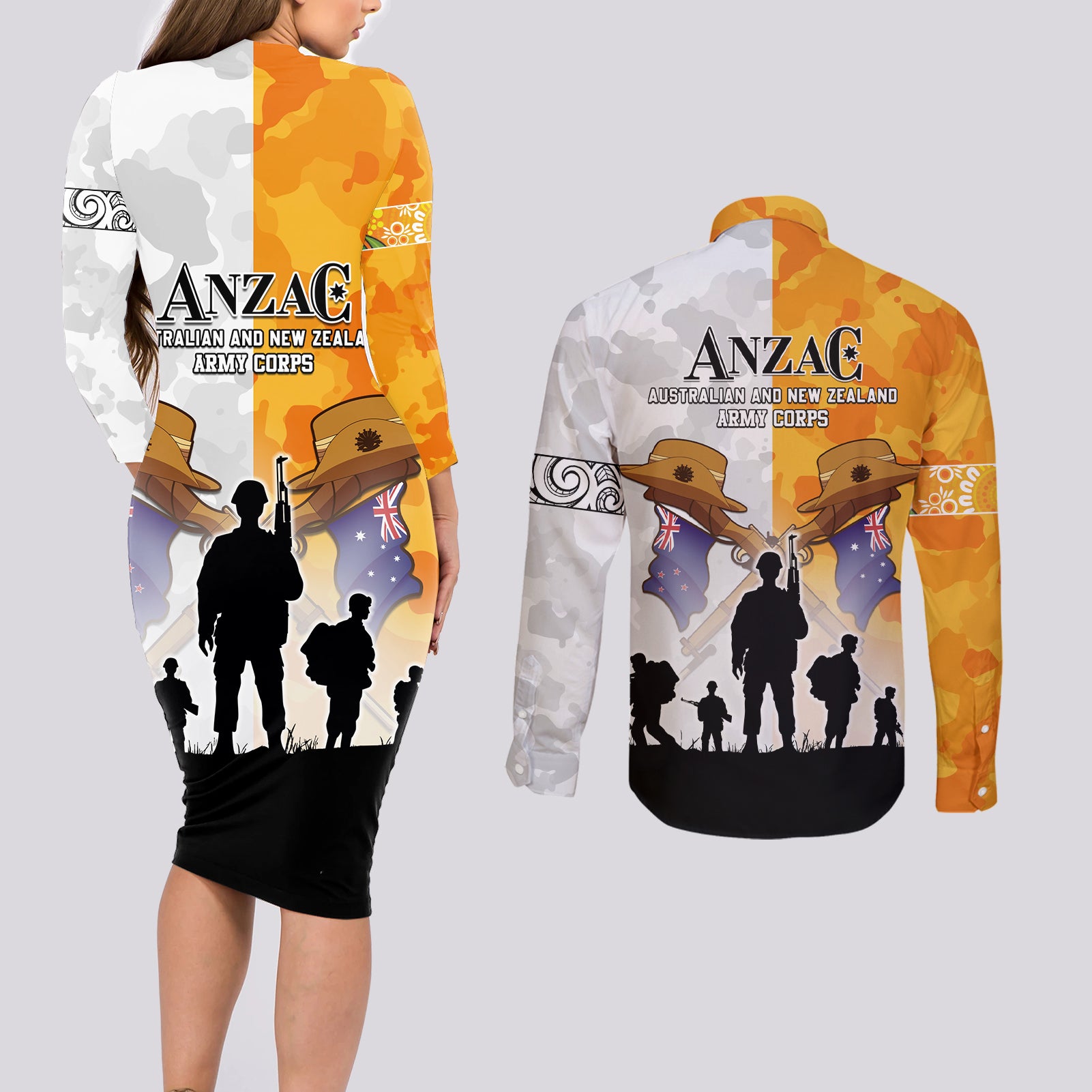 Australia And New Zealand ANZAC Day Couples Matching Long Sleeve Bodycon Dress and Long Sleeve Button Shirt Lest We Forget