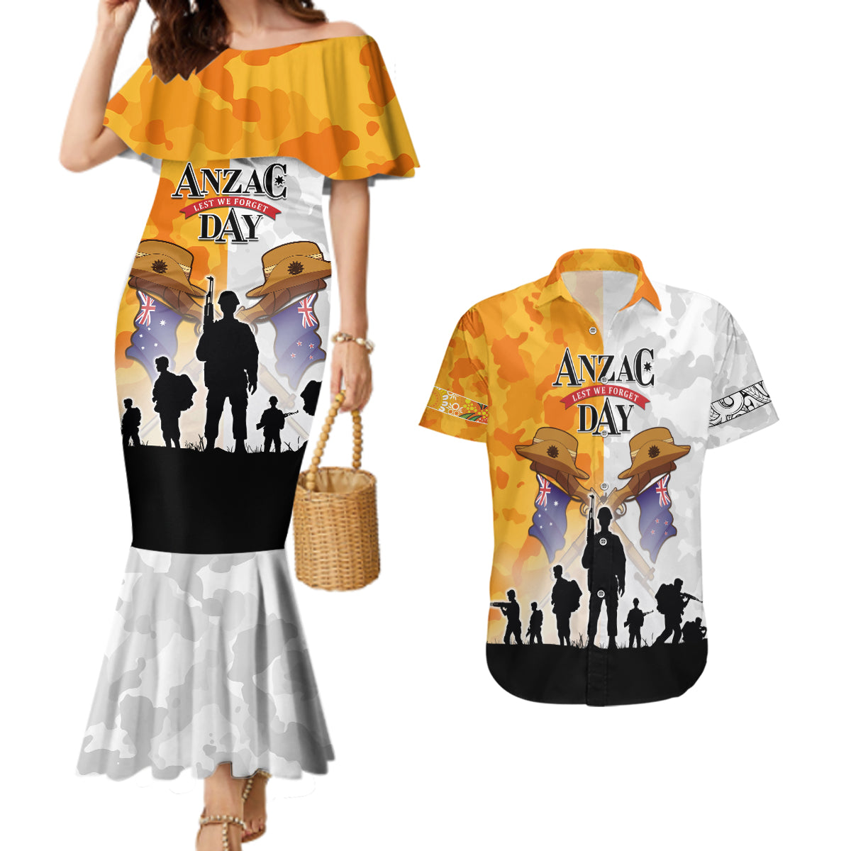 Australia And New Zealand ANZAC Day Couples Matching Mermaid Dress and Hawaiian Shirt Lest We Forget