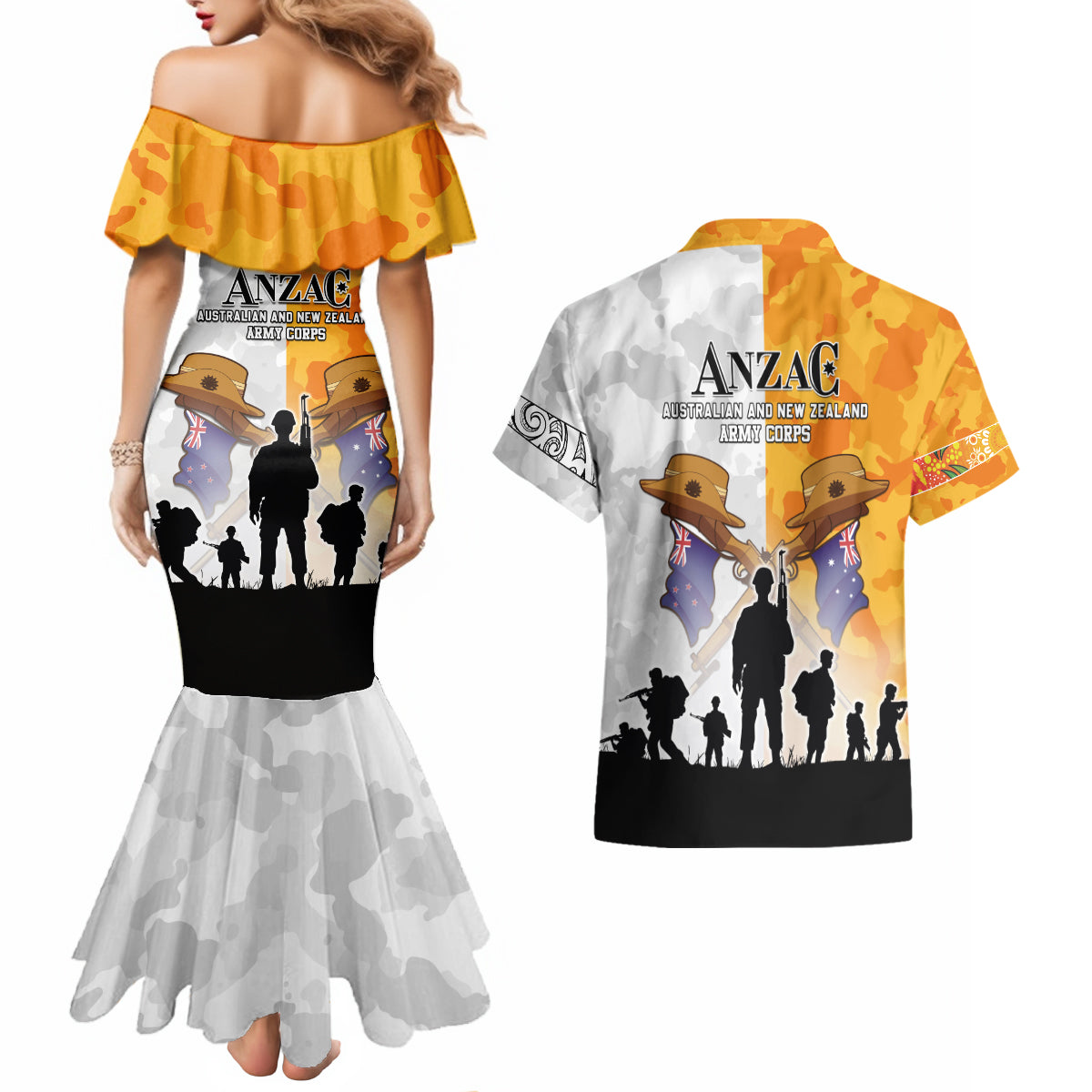 Australia And New Zealand ANZAC Day Couples Matching Mermaid Dress and Hawaiian Shirt Lest We Forget