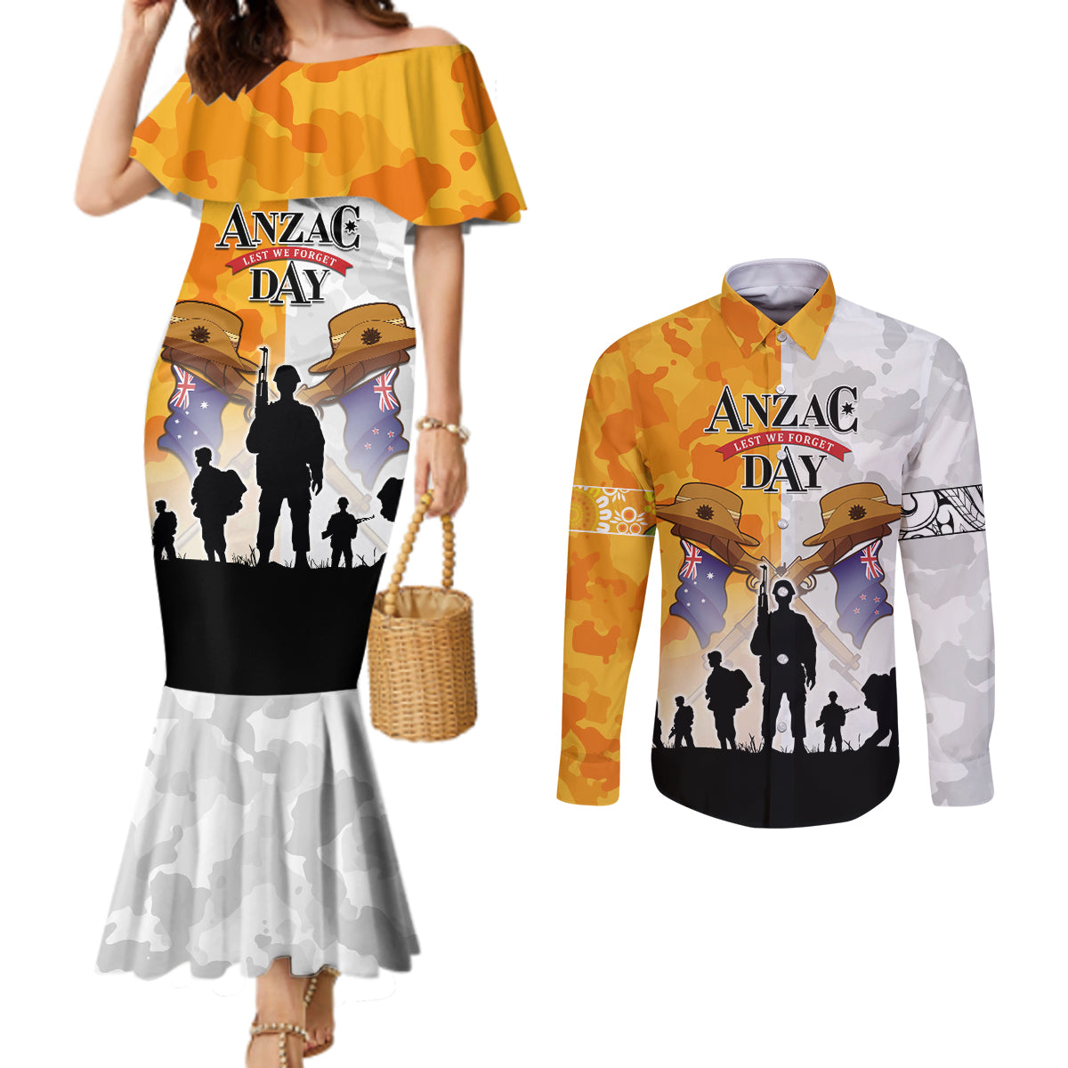 Australia And New Zealand ANZAC Day Couples Matching Mermaid Dress and Long Sleeve Button Shirt Lest We Forget