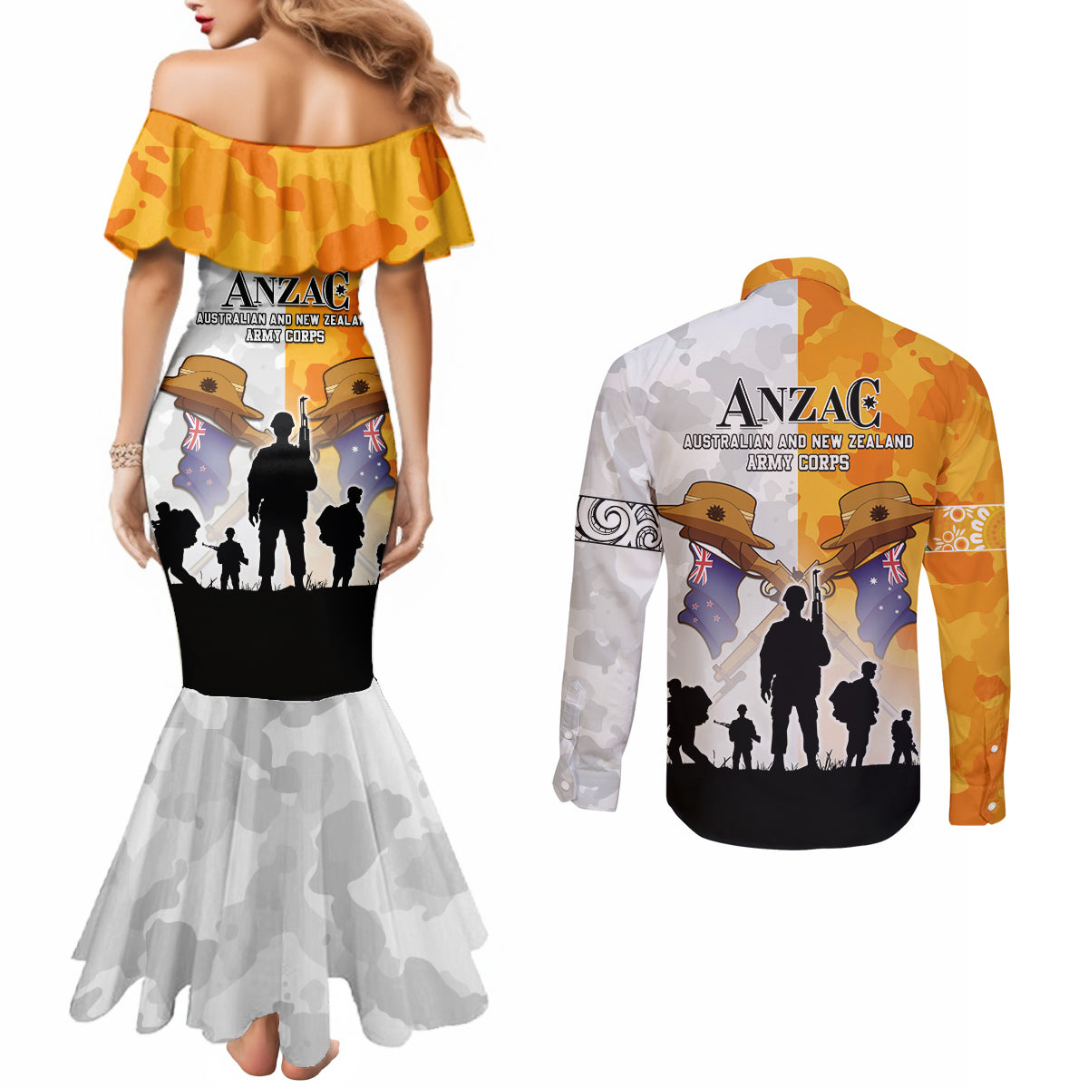 Australia And New Zealand ANZAC Day Couples Matching Mermaid Dress and Long Sleeve Button Shirt Lest We Forget