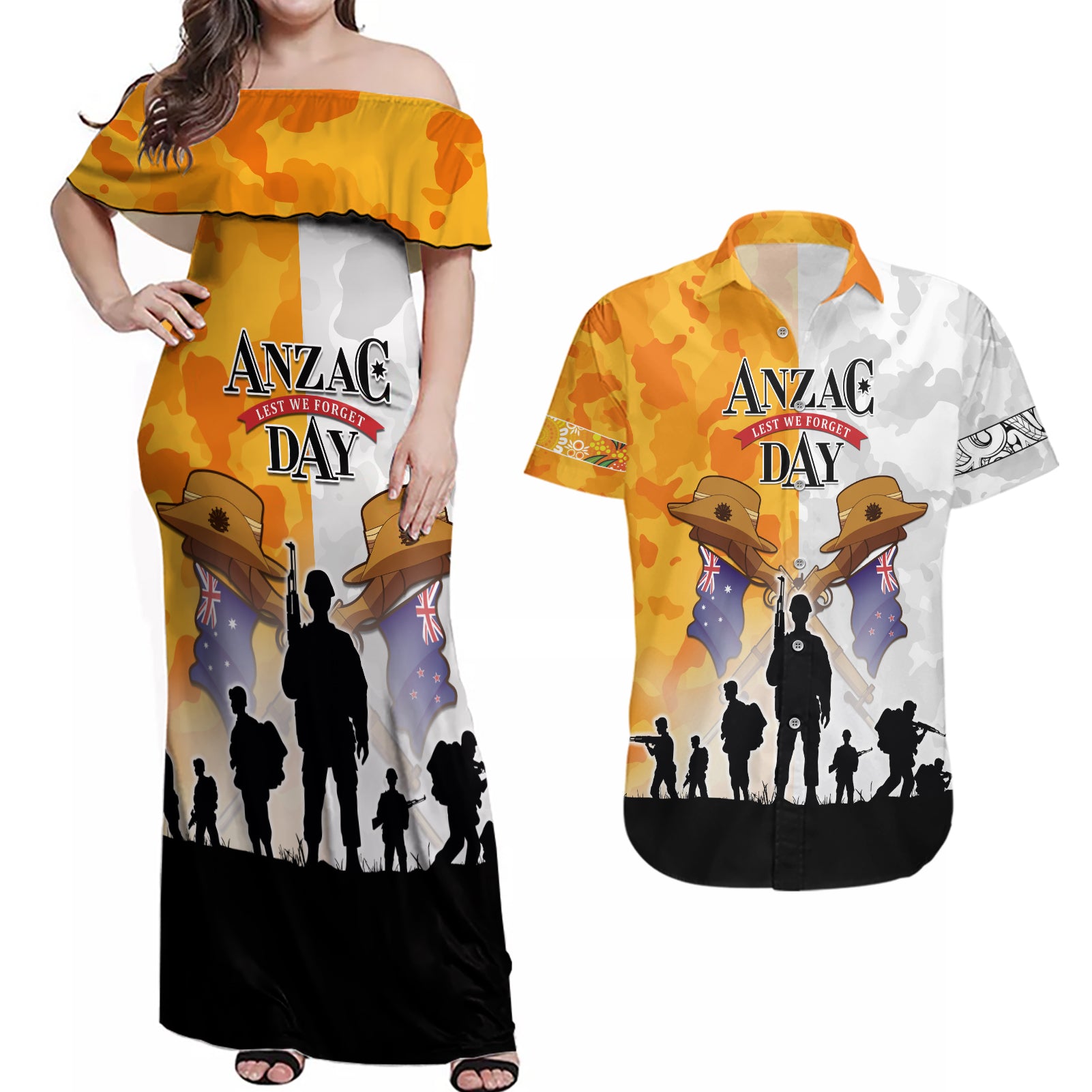 Australia And New Zealand ANZAC Day Couples Matching Off Shoulder Maxi Dress and Hawaiian Shirt Lest We Forget