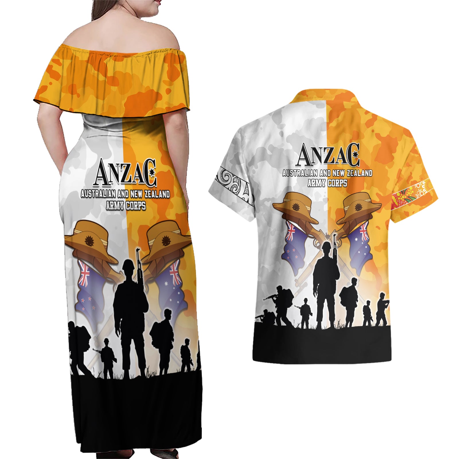 Australia And New Zealand ANZAC Day Couples Matching Off Shoulder Maxi Dress and Hawaiian Shirt Lest We Forget