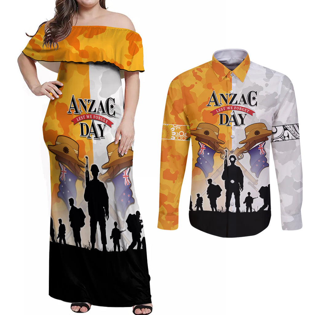 Australia And New Zealand ANZAC Day Couples Matching Off Shoulder Maxi Dress and Long Sleeve Button Shirt Lest We Forget