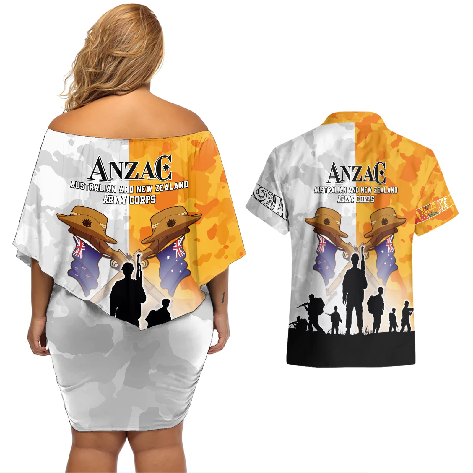 Australia And New Zealand ANZAC Day Couples Matching Off Shoulder Short Dress and Hawaiian Shirt Lest We Forget