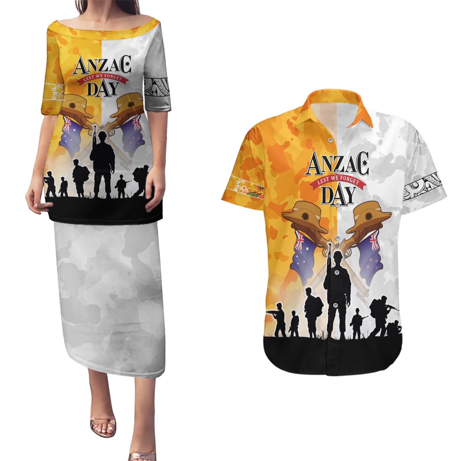 Australia And New Zealand ANZAC Day Couples Matching Puletasi and Hawaiian Shirt Lest We Forget