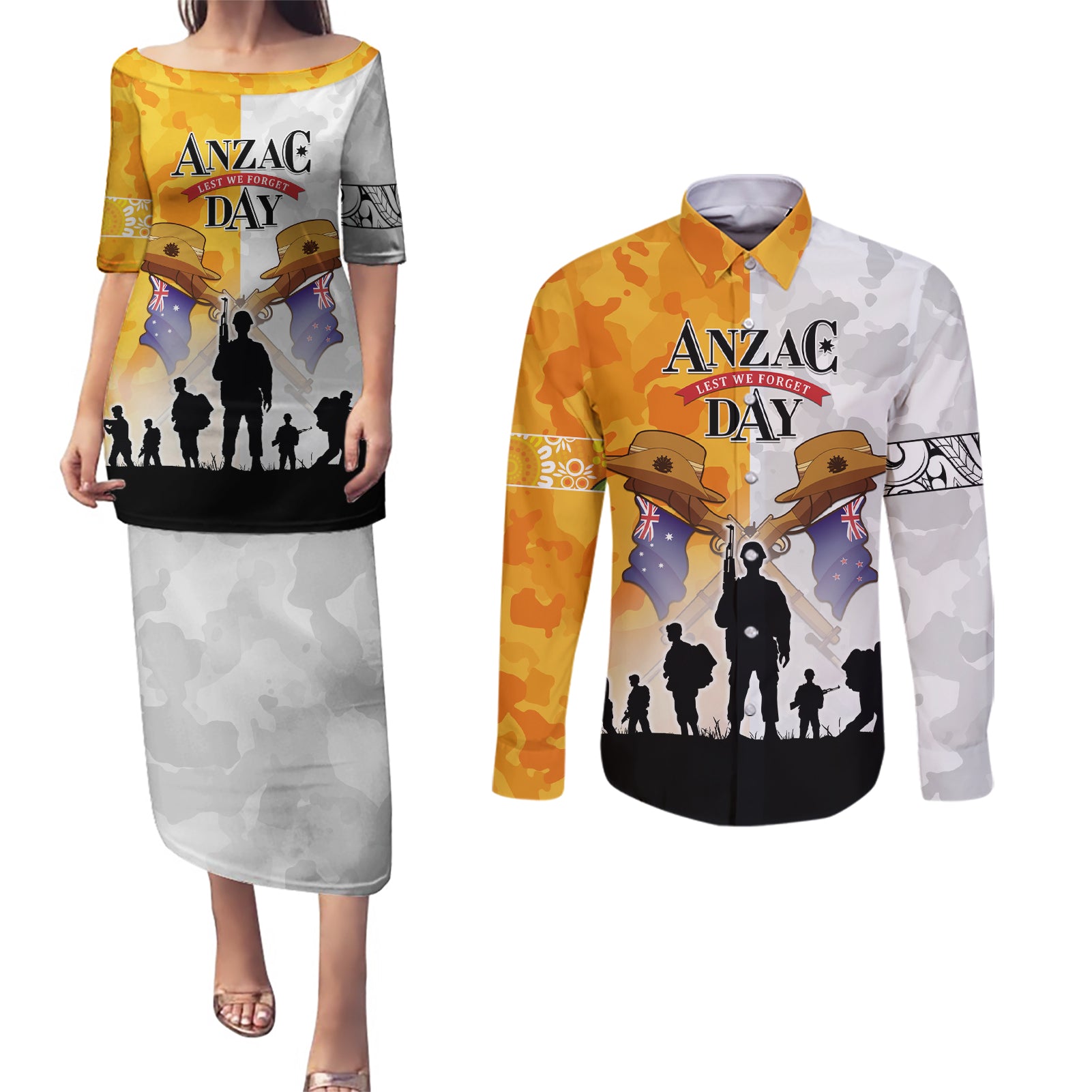 Australia And New Zealand ANZAC Day Couples Matching Puletasi and Long Sleeve Button Shirt Lest We Forget