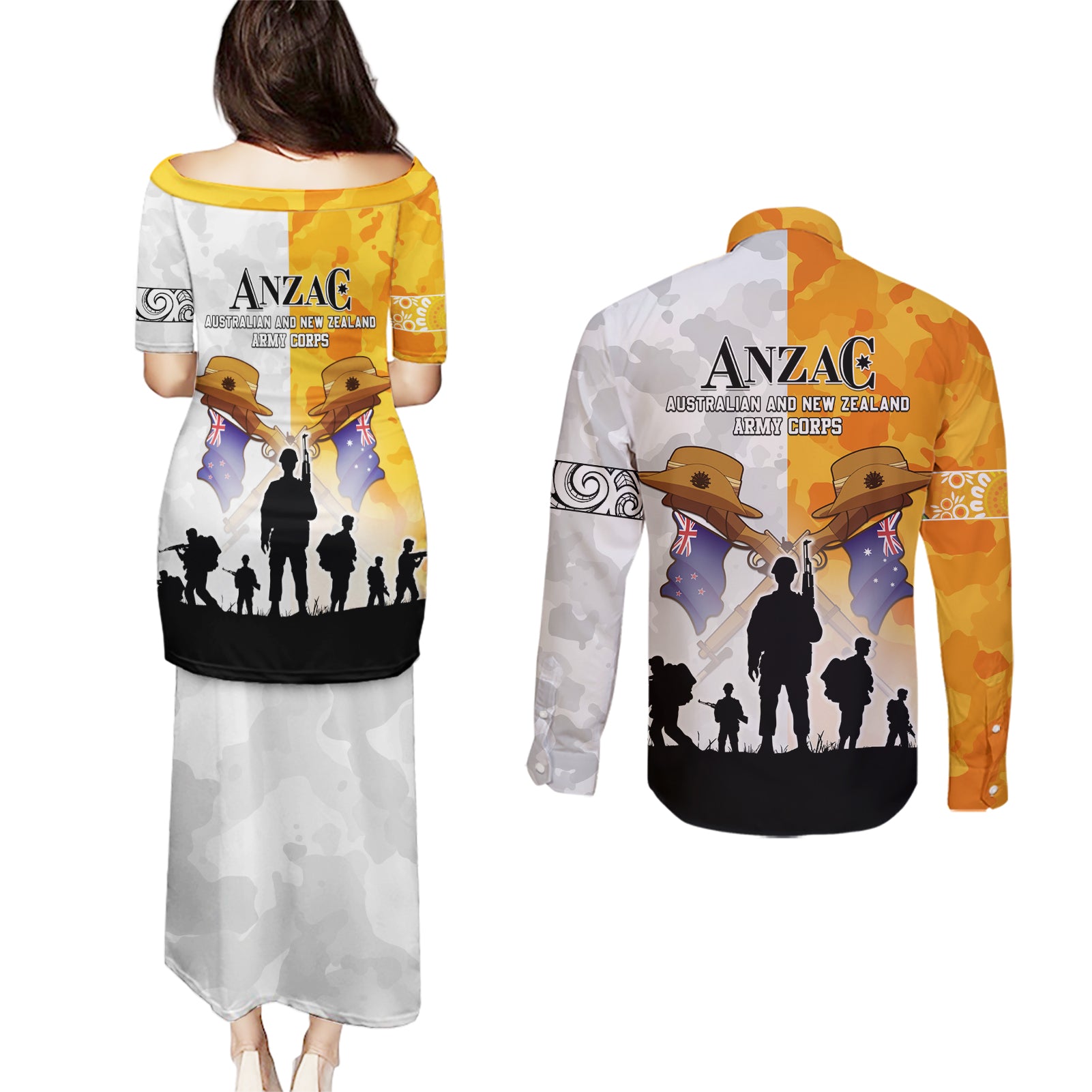 Australia And New Zealand ANZAC Day Couples Matching Puletasi and Long Sleeve Button Shirt Lest We Forget