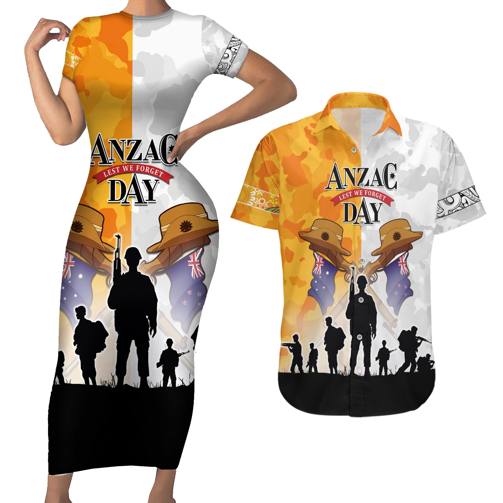 Australia And New Zealand ANZAC Day Couples Matching Short Sleeve Bodycon Dress and Hawaiian Shirt Lest We Forget