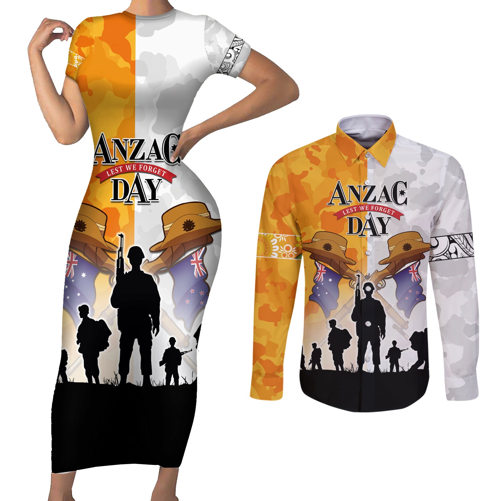 Australia And New Zealand ANZAC Day Couples Matching Short Sleeve Bodycon Dress and Long Sleeve Button Shirt Lest We Forget