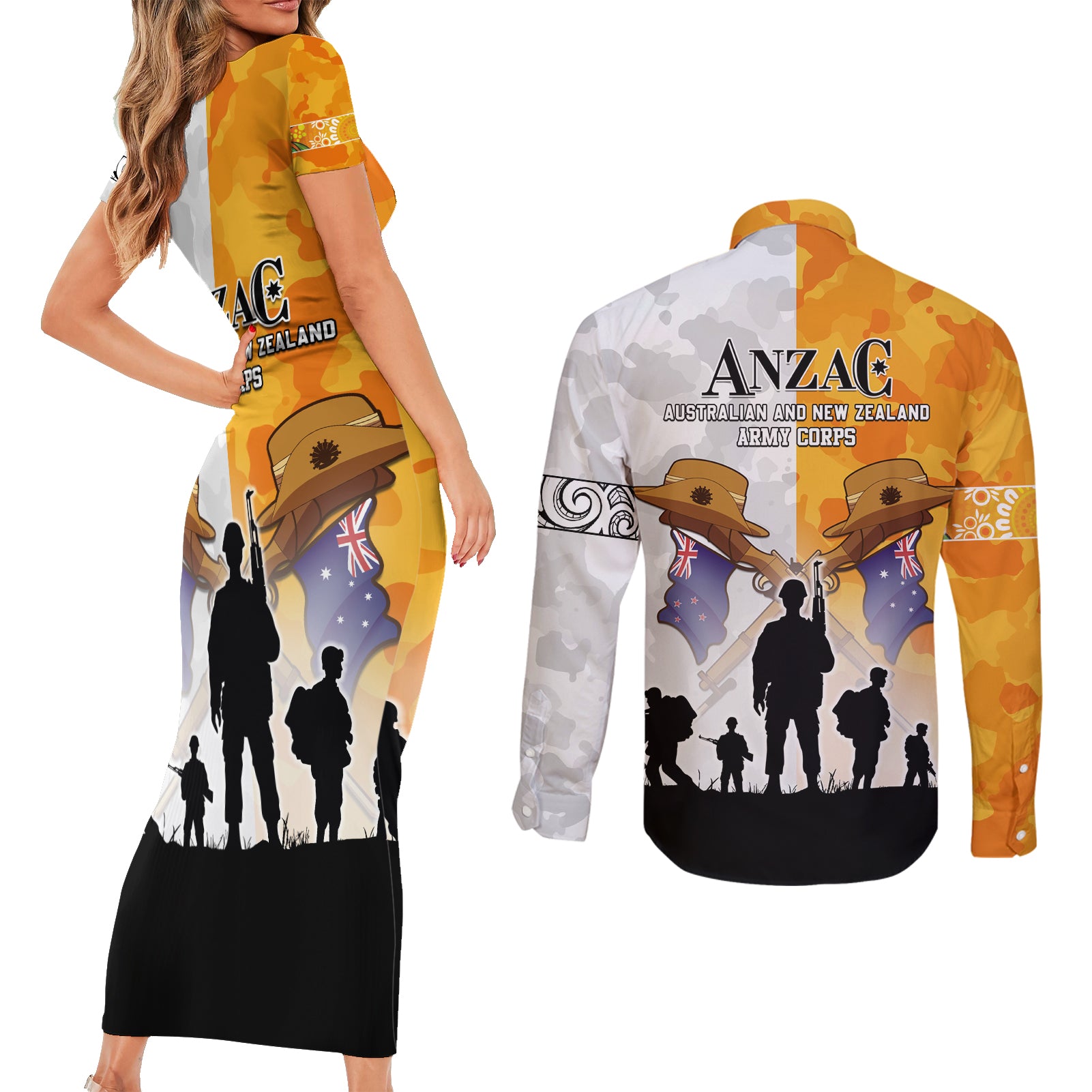 Australia And New Zealand ANZAC Day Couples Matching Short Sleeve Bodycon Dress and Long Sleeve Button Shirt Lest We Forget