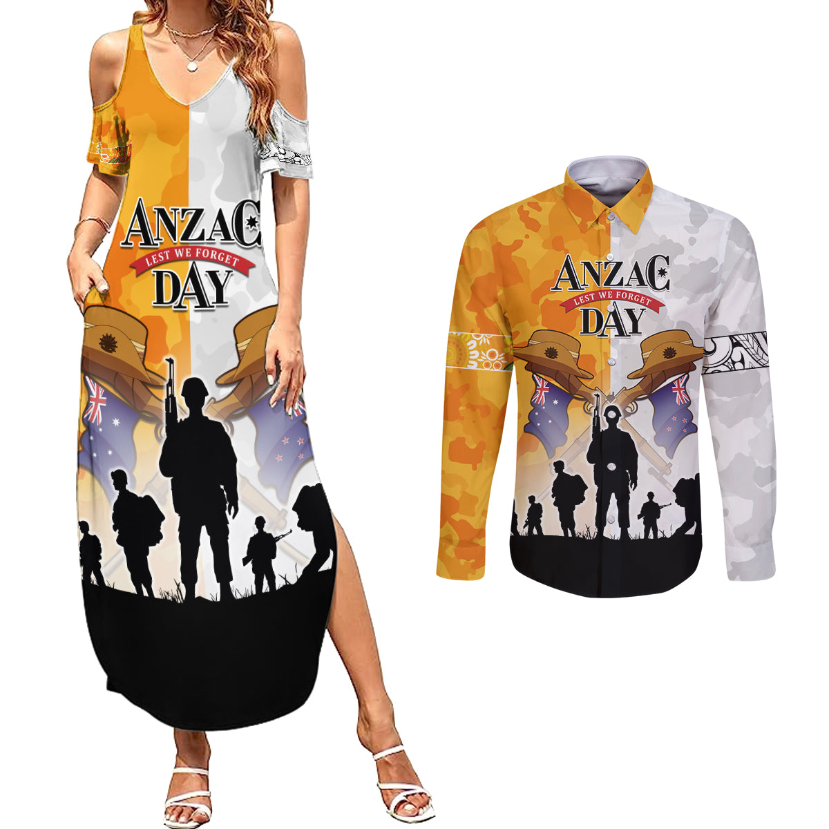 Australia And New Zealand ANZAC Day Couples Matching Summer Maxi Dress and Long Sleeve Button Shirt Lest We Forget