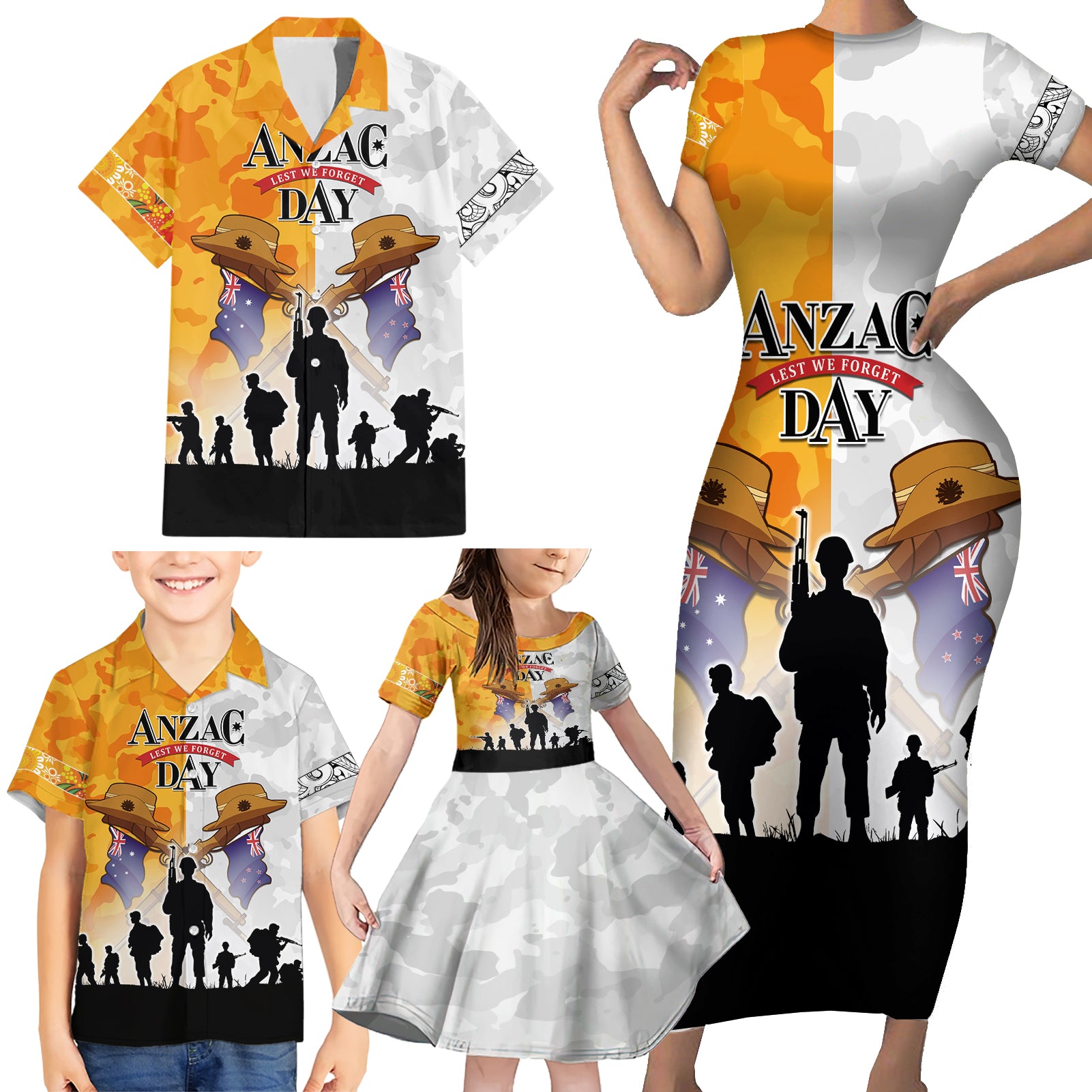 Australia And New Zealand ANZAC Day Family Matching Short Sleeve Bodycon Dress and Hawaiian Shirt Lest We Forget