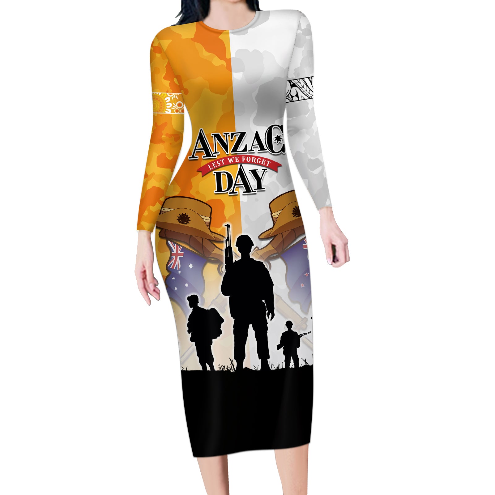 Australia And New Zealand ANZAC Day Long Sleeve Bodycon Dress Lest We Forget