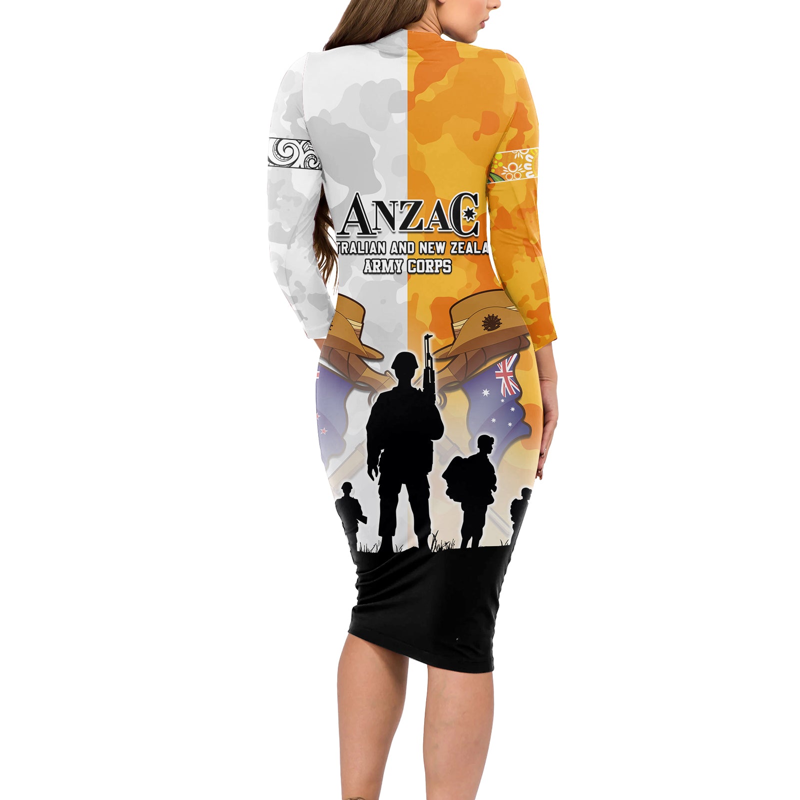 Australia And New Zealand ANZAC Day Long Sleeve Bodycon Dress Lest We Forget