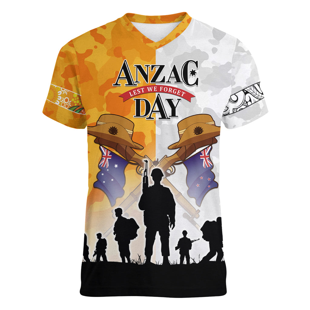Australia And New Zealand ANZAC Day Women V Neck T Shirt Lest We Forget LT05 - Vibe Hoodie Shop