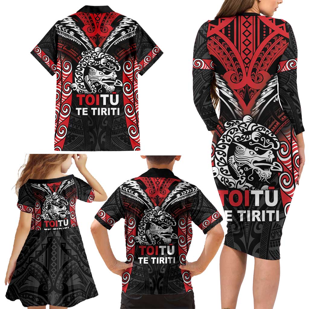 Aotearoa Mana Maori Family Matching Long Sleeve Bodycon Dress and Hawaiian Shirt Toitu Te Tiriti