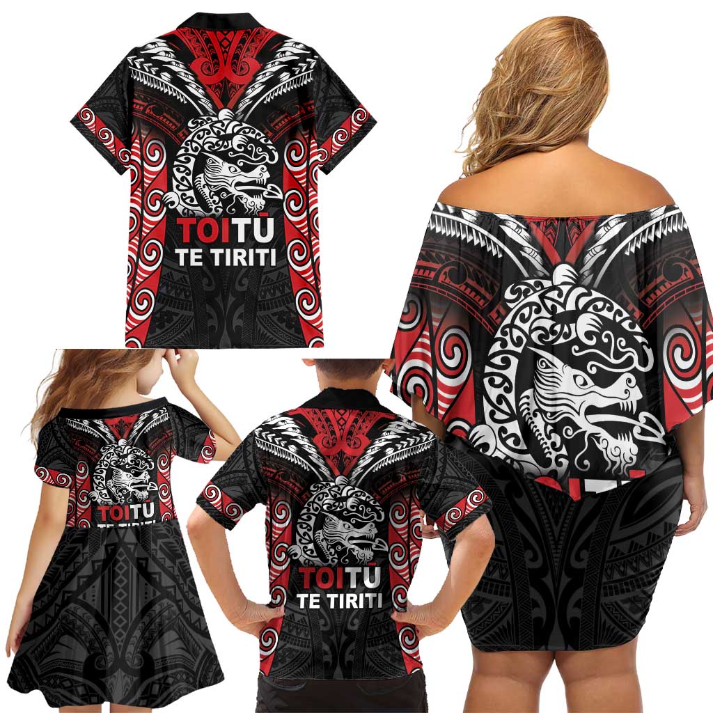 Aotearoa Mana Maori Family Matching Off Shoulder Short Dress and Hawaiian Shirt Toitu Te Tiriti