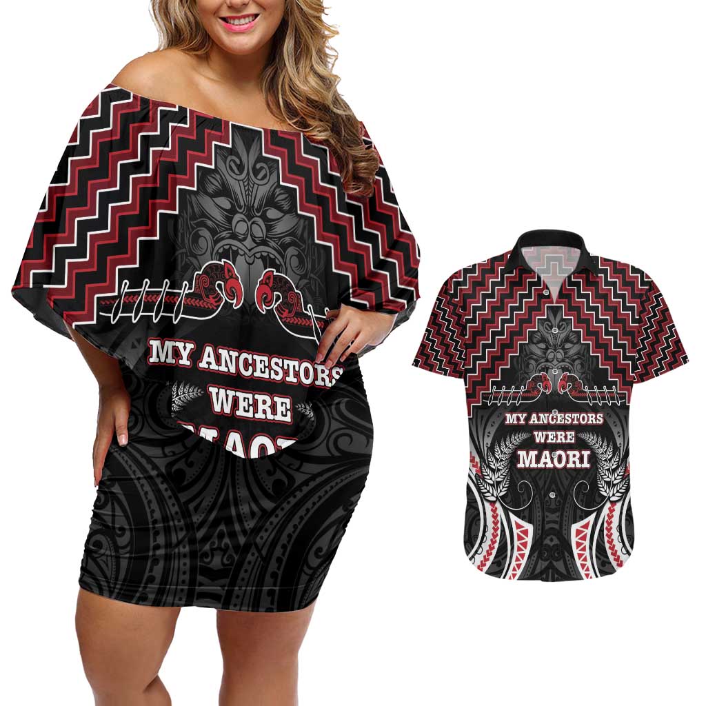 Aotearoa Couples Matching Off Shoulder Short Dress and Hawaiian Shirt Proud To Be Maori