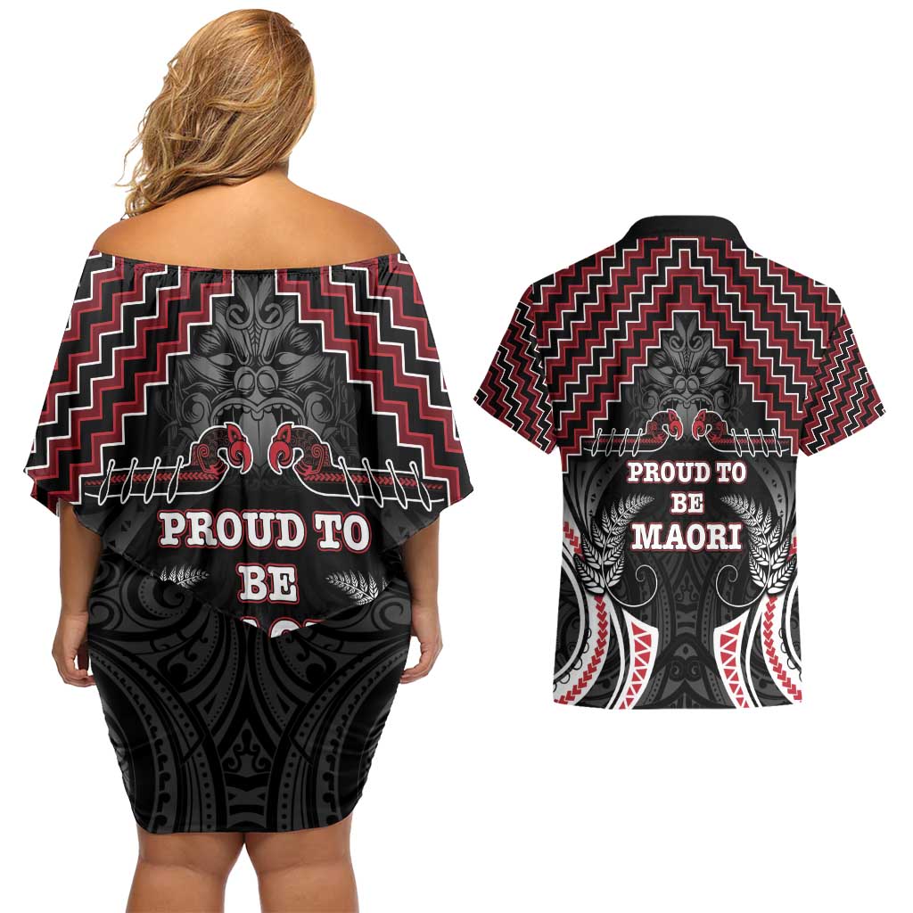 Aotearoa Couples Matching Off Shoulder Short Dress and Hawaiian Shirt Proud To Be Maori