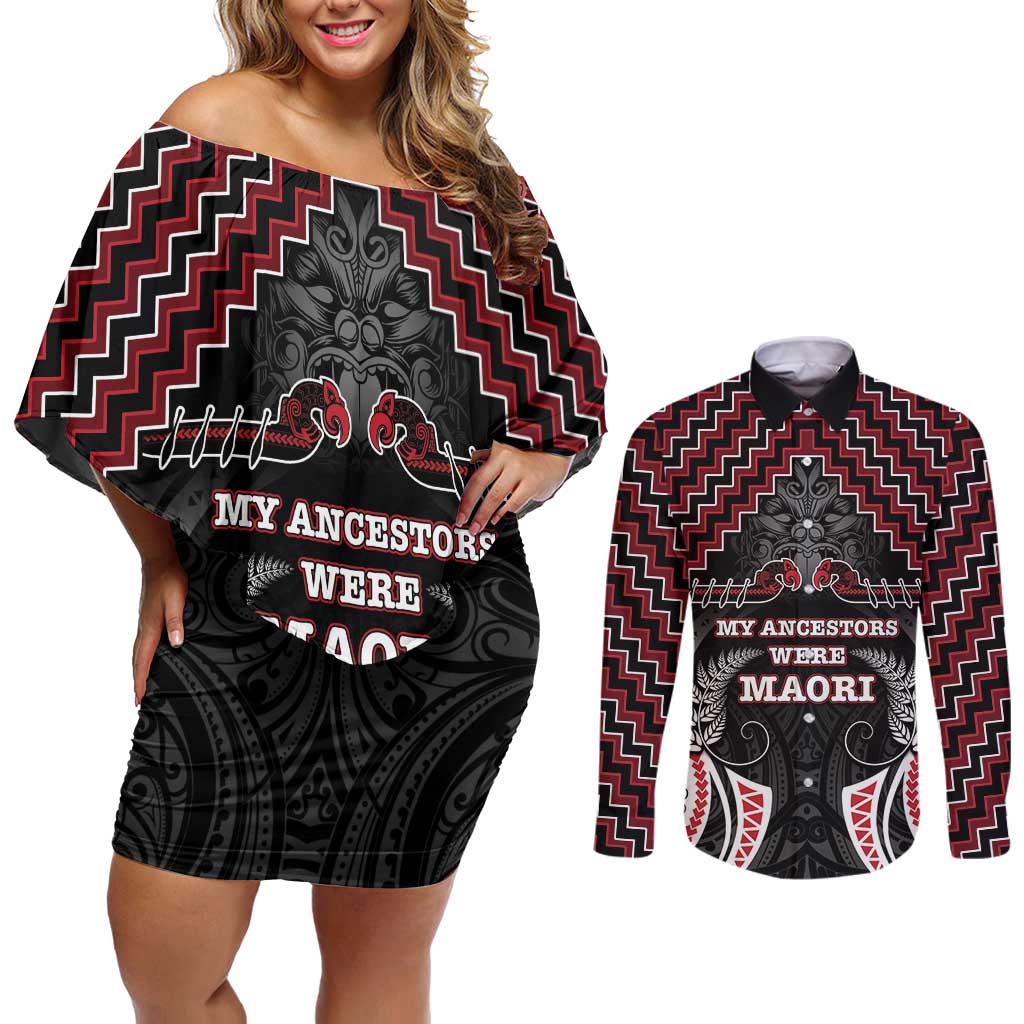 Aotearoa Couples Matching Off Shoulder Short Dress and Long Sleeve Button Shirt Proud To Be Maori