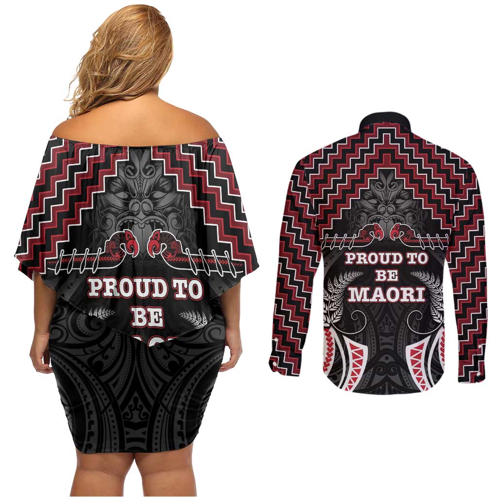 Aotearoa Couples Matching Off Shoulder Short Dress and Long Sleeve Button Shirt Proud To Be Maori