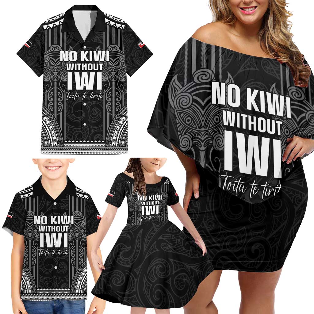 Aotearoa Toitu Te Tiriti Family Matching Off Shoulder Short Dress and Hawaiian Shirt No Kiwi Without Iwi