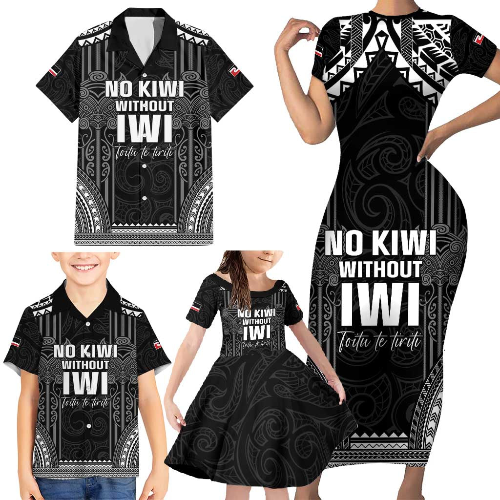 Aotearoa Toitu Te Tiriti Family Matching Short Sleeve Bodycon Dress and Hawaiian Shirt No Kiwi Without Iwi