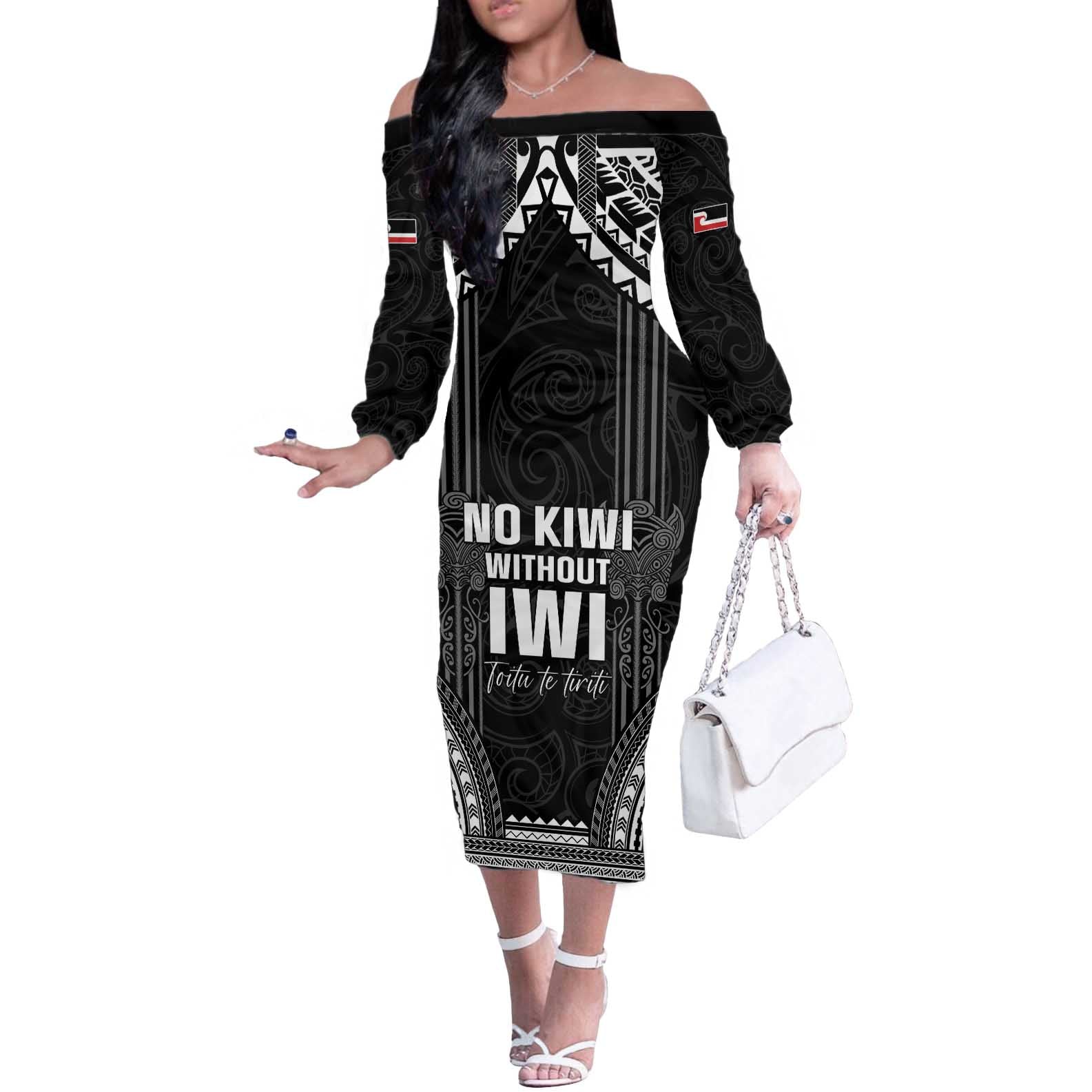 Aotearoa Toitu Te Tiriti Off The Shoulder Long Sleeve Dress No Kiwi Without Iwi