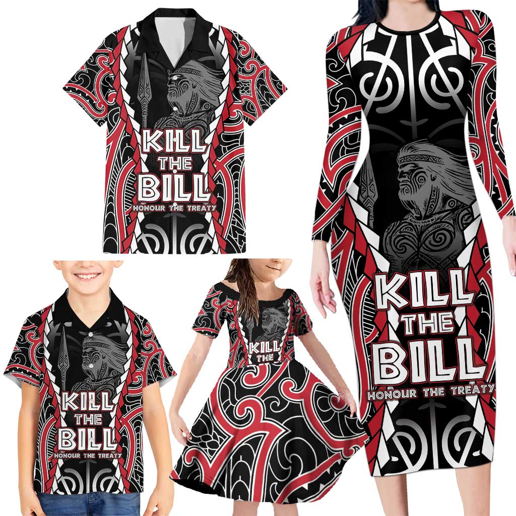 Aotearoa Waitangi Day Family Matching Long Sleeve Bodycon Dress and Hawaiian Shirt Maori Warrior Tribal Tattoo