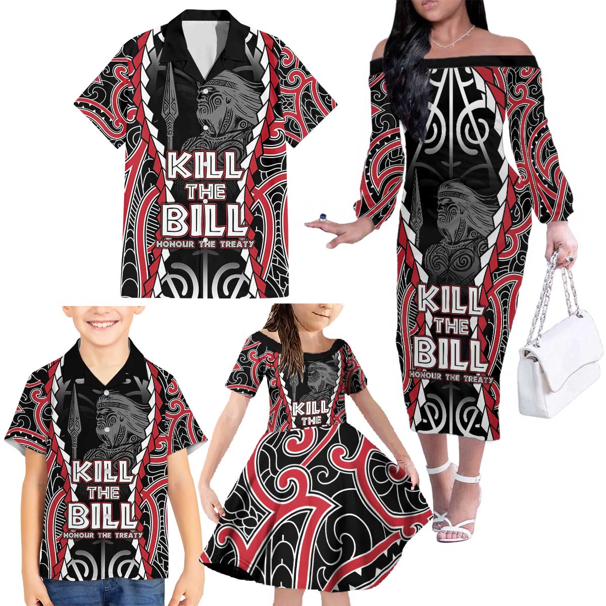 Aotearoa Waitangi Day Family Matching Off The Shoulder Long Sleeve Dress and Hawaiian Shirt Maori Warrior Tribal Tattoo