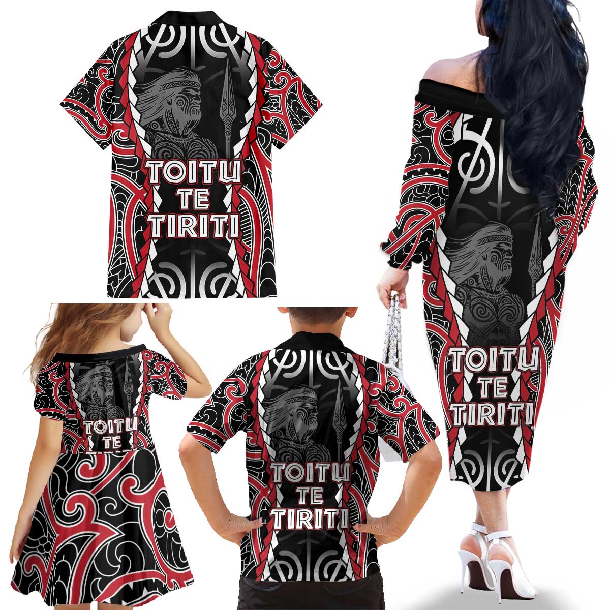 Aotearoa Waitangi Day Family Matching Off The Shoulder Long Sleeve Dress and Hawaiian Shirt Maori Warrior Tribal Tattoo