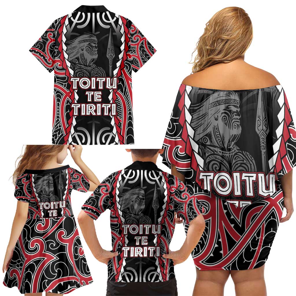 Aotearoa Waitangi Day Family Matching Off Shoulder Short Dress and Hawaiian Shirt Maori Warrior Tribal Tattoo