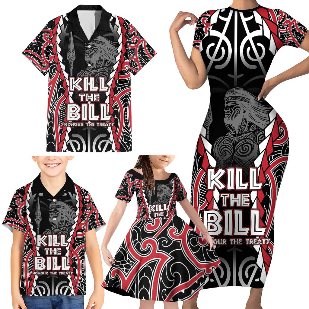 Aotearoa Waitangi Day Family Matching Short Sleeve Bodycon Dress and Hawaiian Shirt Maori Warrior Tribal Tattoo