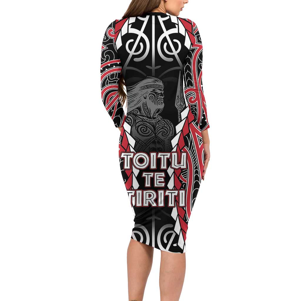 Aotearoa Waitangi Day Long Sleeve Bodycon Dress Maori Warrior Tribal Tattoo