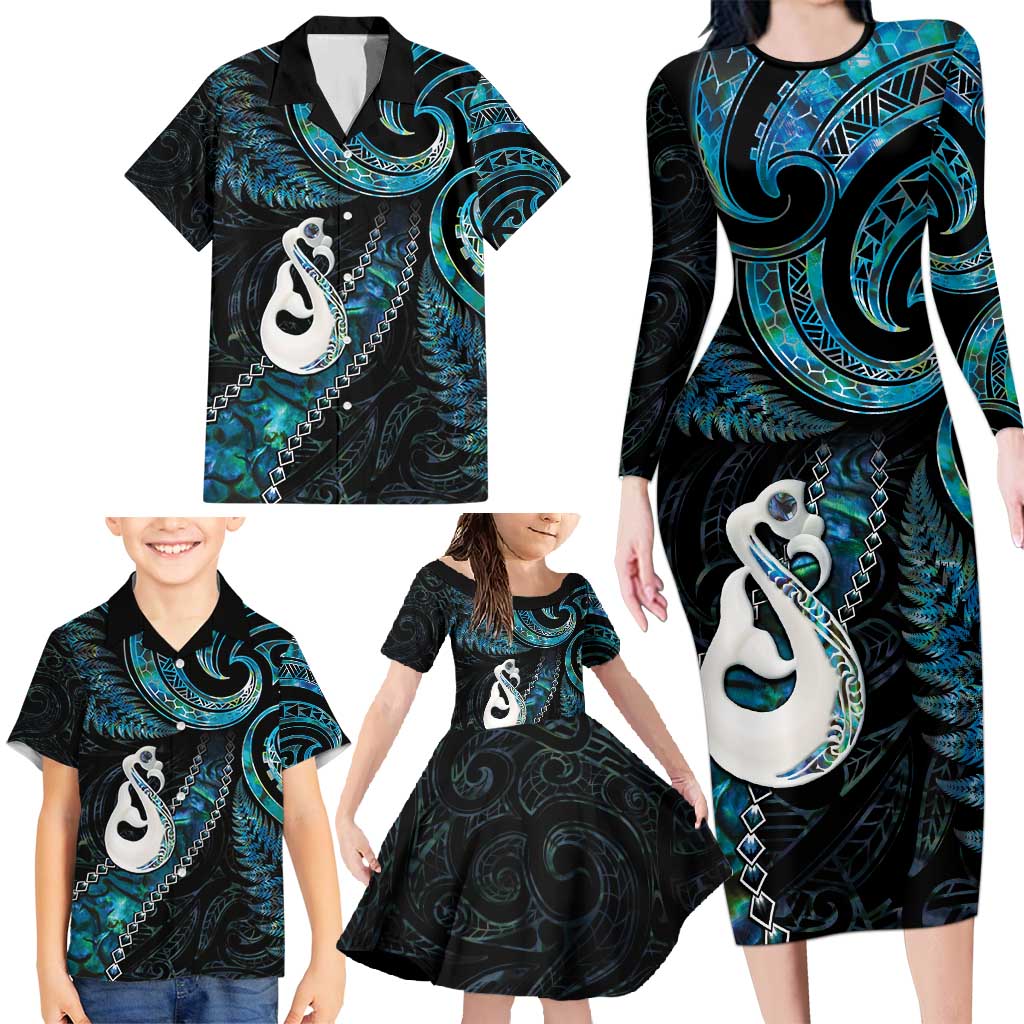 New Zealand Aotearoa Family Matching Long Sleeve Bodycon Dress and Hawaiian Shirt Maori Manaia Paua Shell Glitter Turquoise