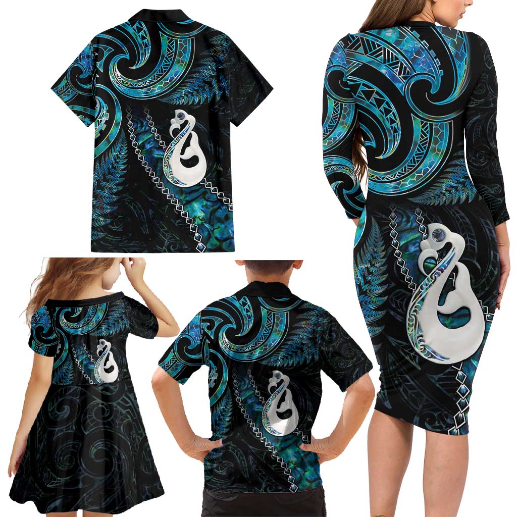 New Zealand Aotearoa Family Matching Long Sleeve Bodycon Dress and Hawaiian Shirt Maori Manaia Paua Shell Glitter Turquoise