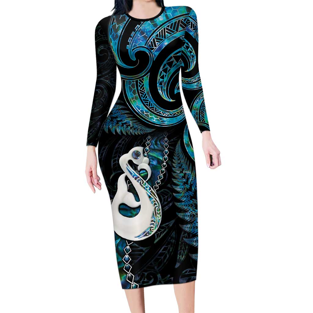 New Zealand Aotearoa Family Matching Long Sleeve Bodycon Dress and Hawaiian Shirt Maori Manaia Paua Shell Glitter Turquoise