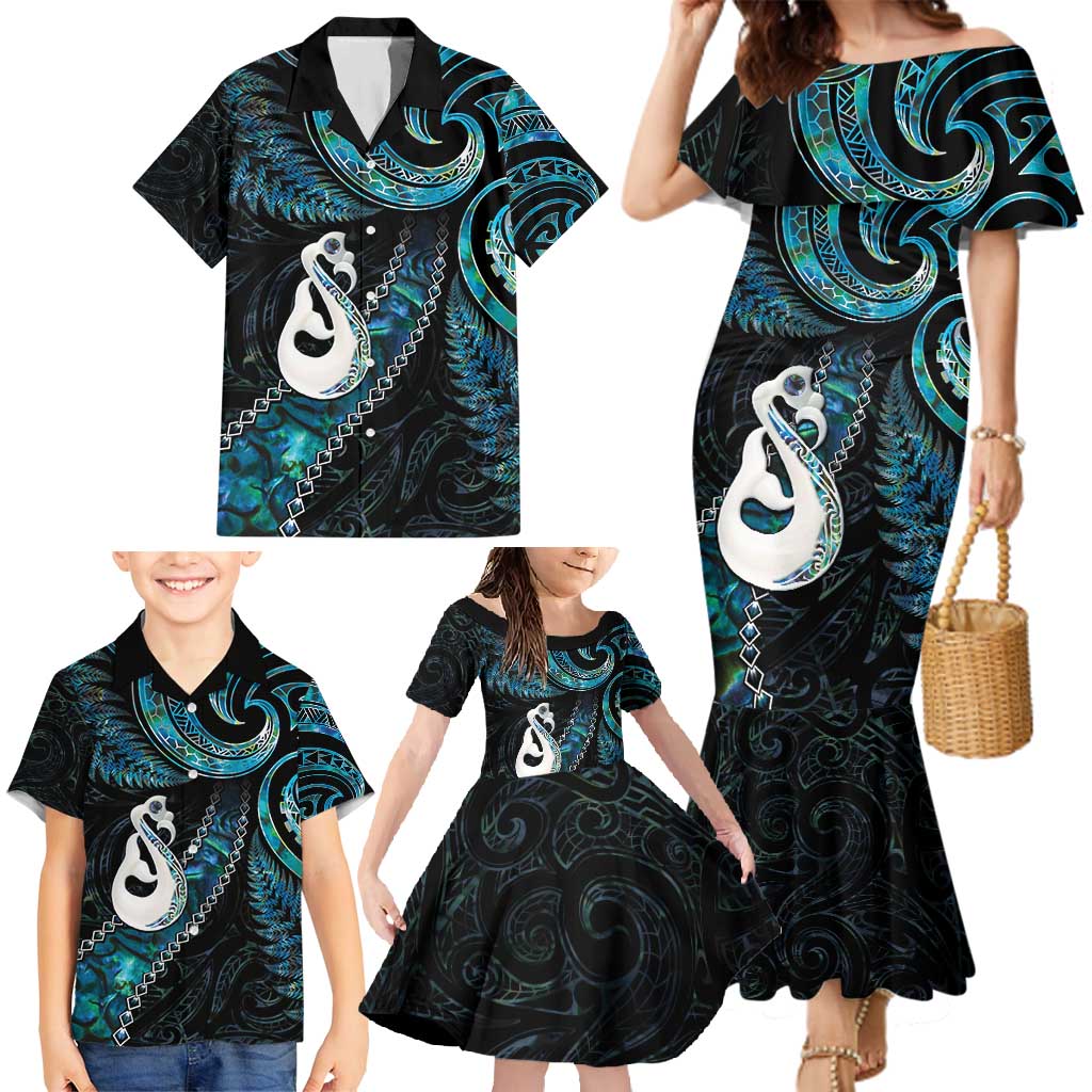 New Zealand Aotearoa Family Matching Mermaid Dress and Hawaiian Shirt Maori Manaia Paua Shell Glitter Turquoise