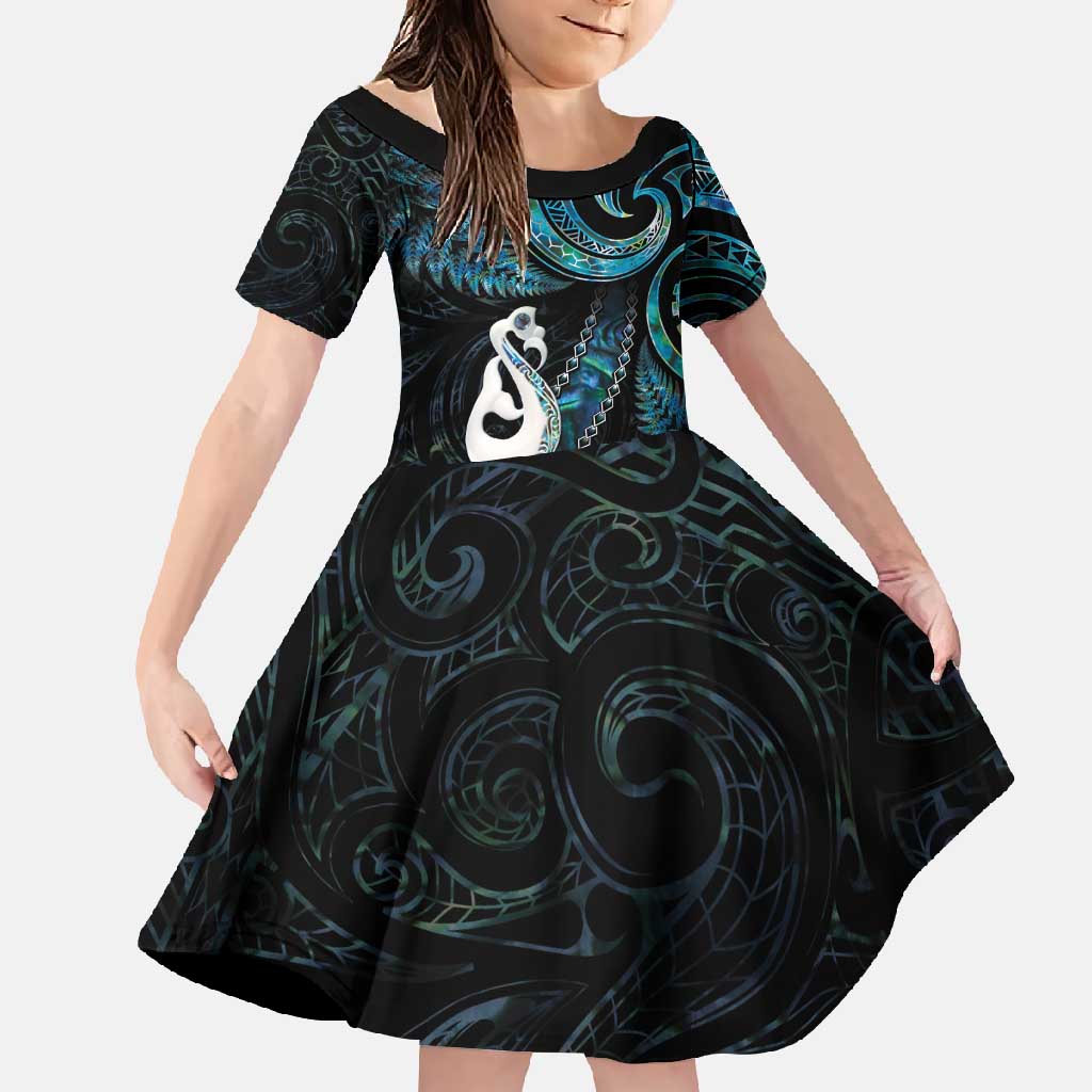 New Zealand Aotearoa Family Matching Mermaid Dress and Hawaiian Shirt Maori Manaia Paua Shell Glitter Turquoise