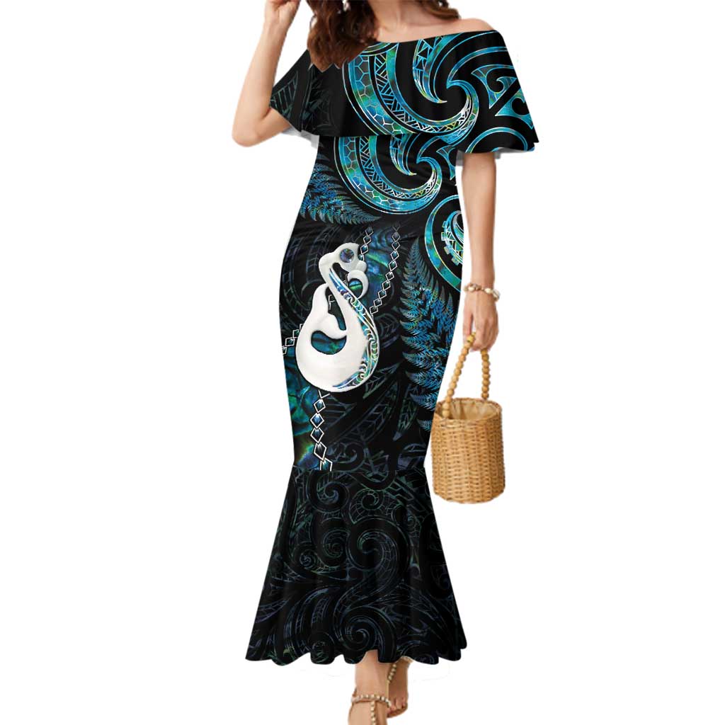 New Zealand Aotearoa Family Matching Mermaid Dress and Hawaiian Shirt Maori Manaia Paua Shell Glitter Turquoise