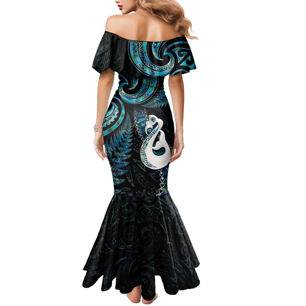 New Zealand Aotearoa Family Matching Mermaid Dress and Hawaiian Shirt Maori Manaia Paua Shell Glitter Turquoise