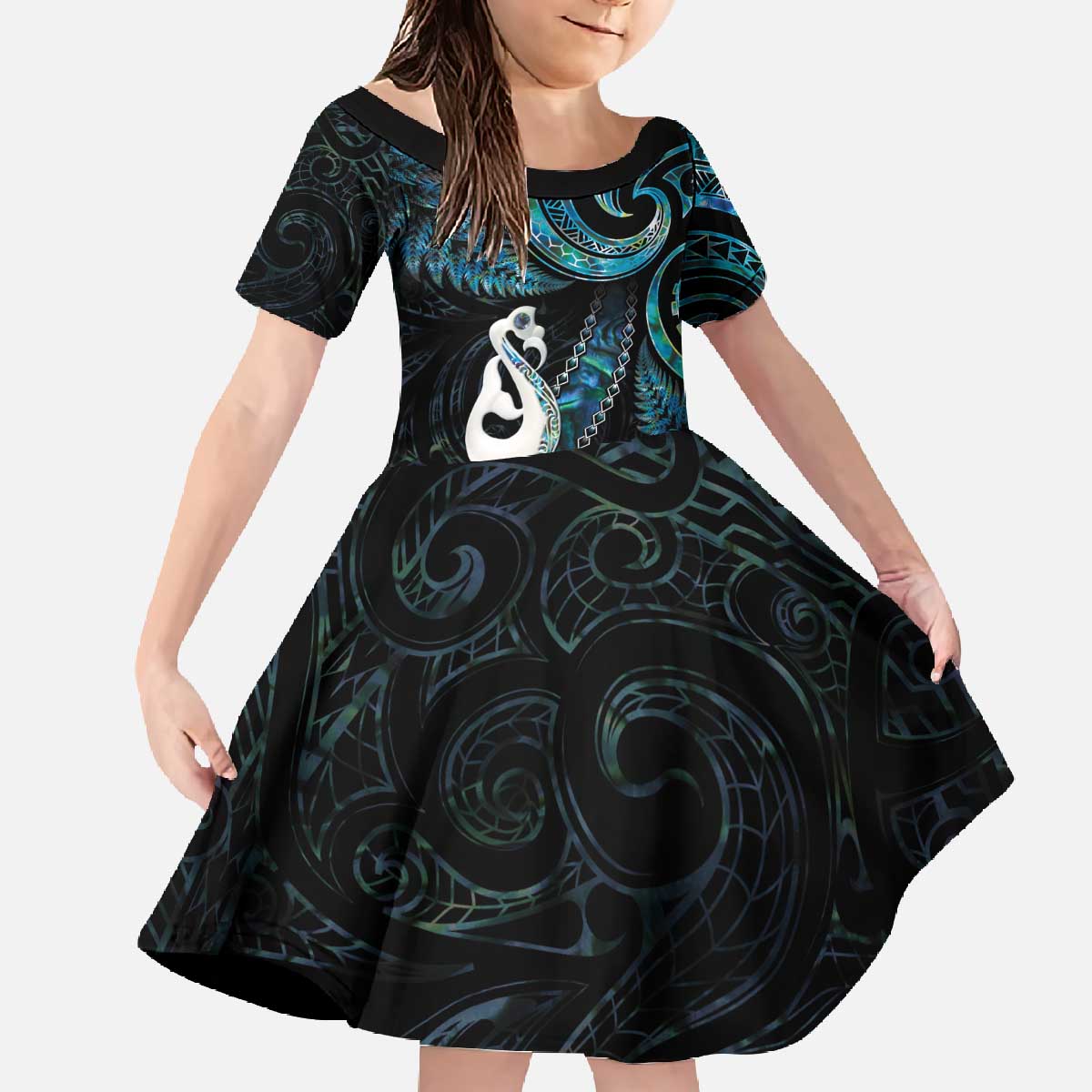 New Zealand Aotearoa Family Matching Off The Shoulder Long Sleeve Dress and Hawaiian Shirt Maori Manaia Paua Shell Glitter Turquoise